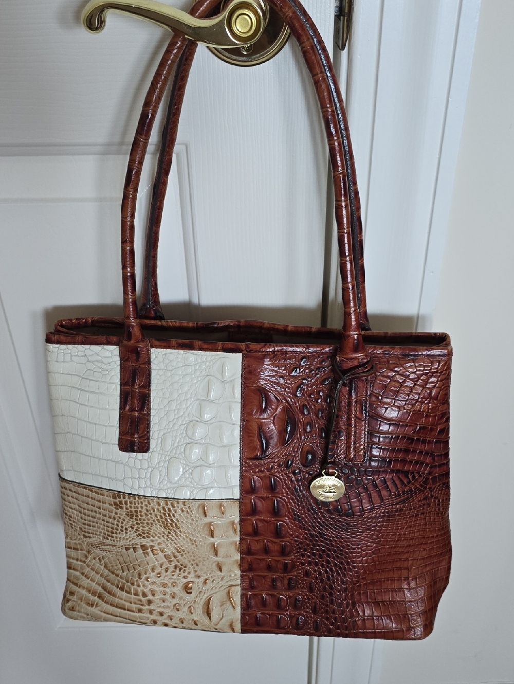 Brahmin Patchwork Croc-Embossed Tote in Brown, Cream, Beige